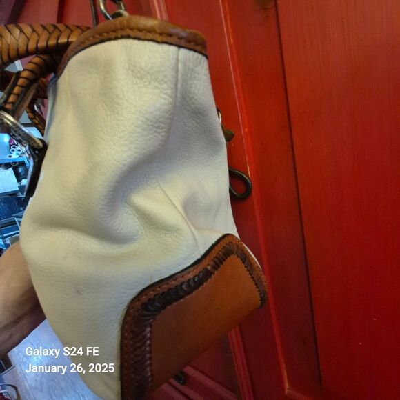 Vintage Fossil Purse Ivory Pebbled Leather Woven Handles Strap Western READ - Picture 3 of 9